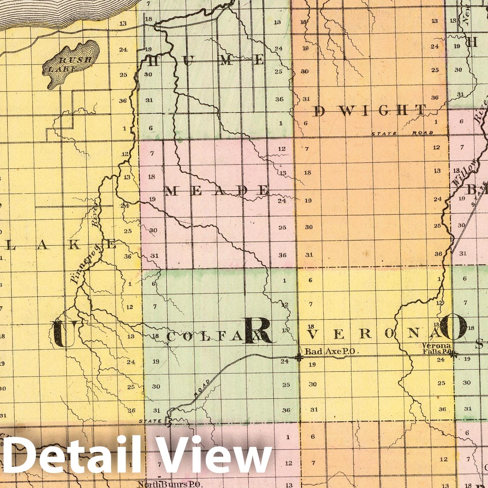 Huron County, Michigan - Railroad Map, 1873 - Historical Map Print