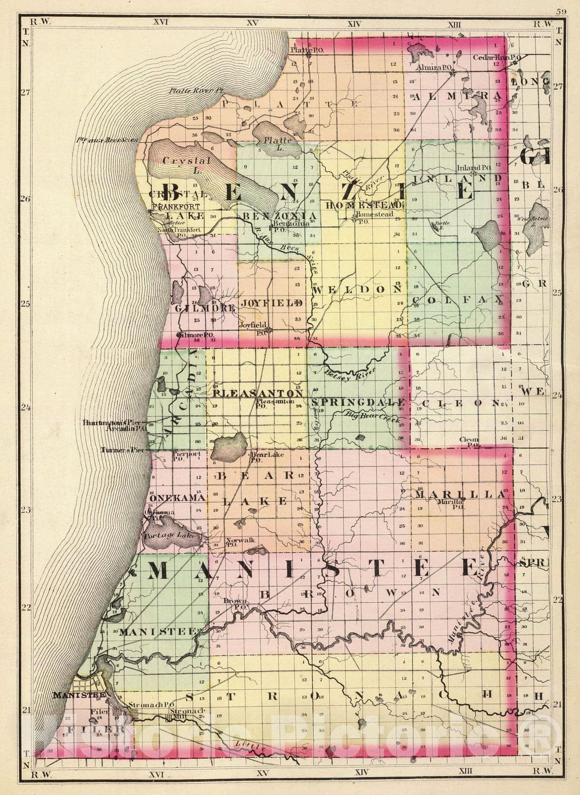 Historic Map : 1873 (Map of Benzie and Manistee counties, Michigan) - Vintage Wall Art