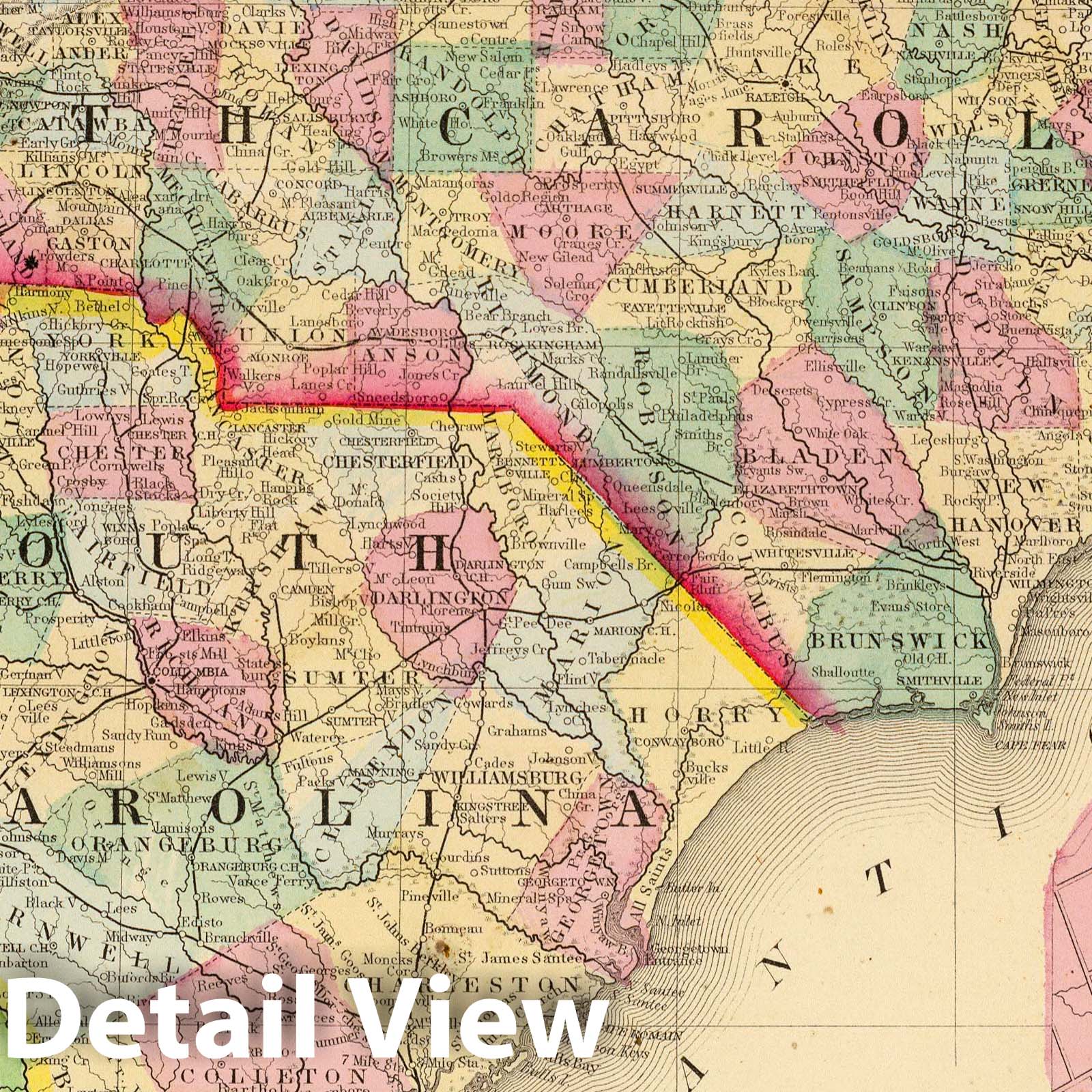 North Carolina, South Carolina, and Charleston - Railroad Map, 1870