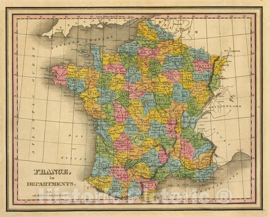Historic Map : 1845 France, departments. - Vintage Wall Art