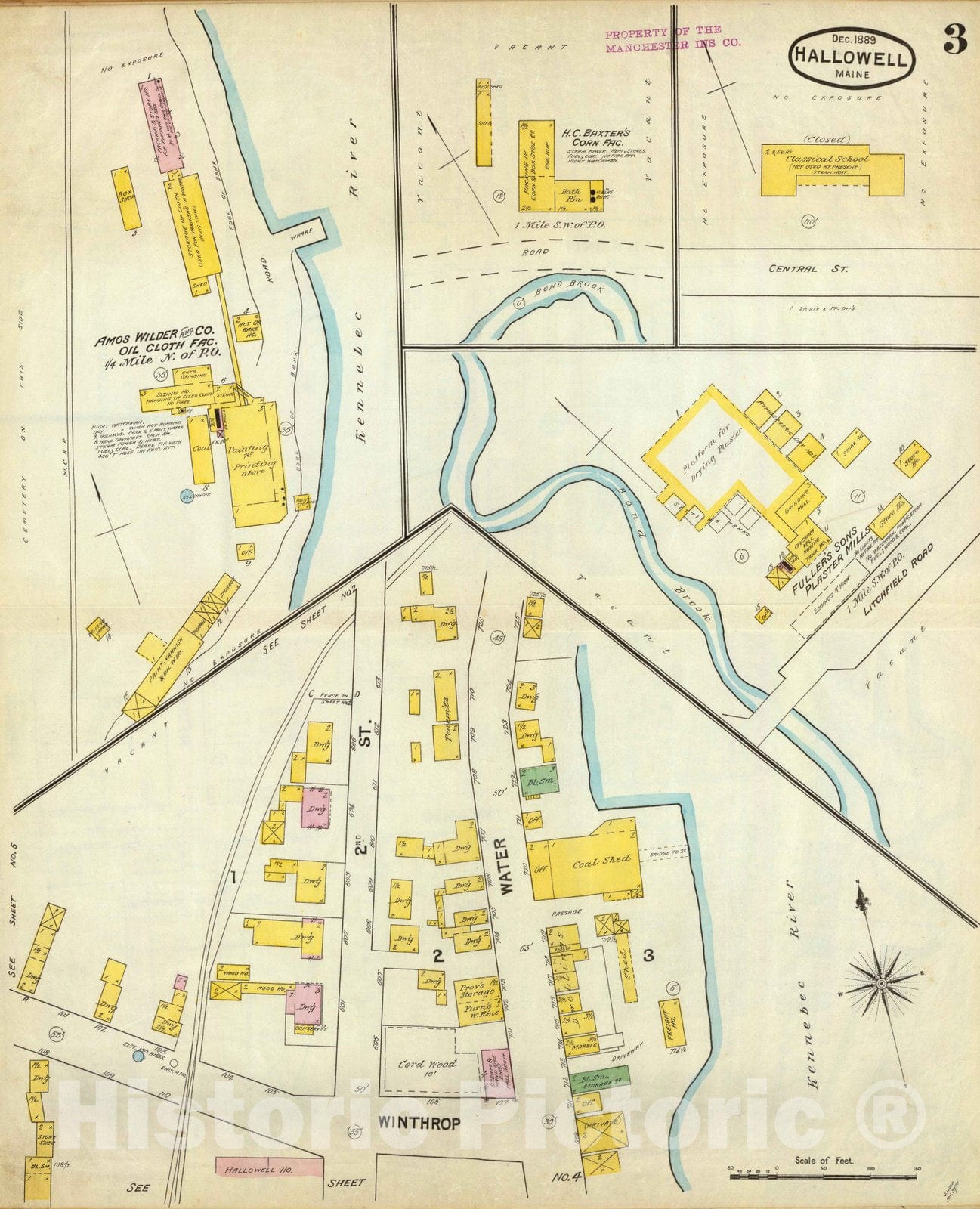 Historic Map : City Atlas - 1890 Hallowell, Kennebec Co, Maine (sheet) 3. - Vintage Wall Art