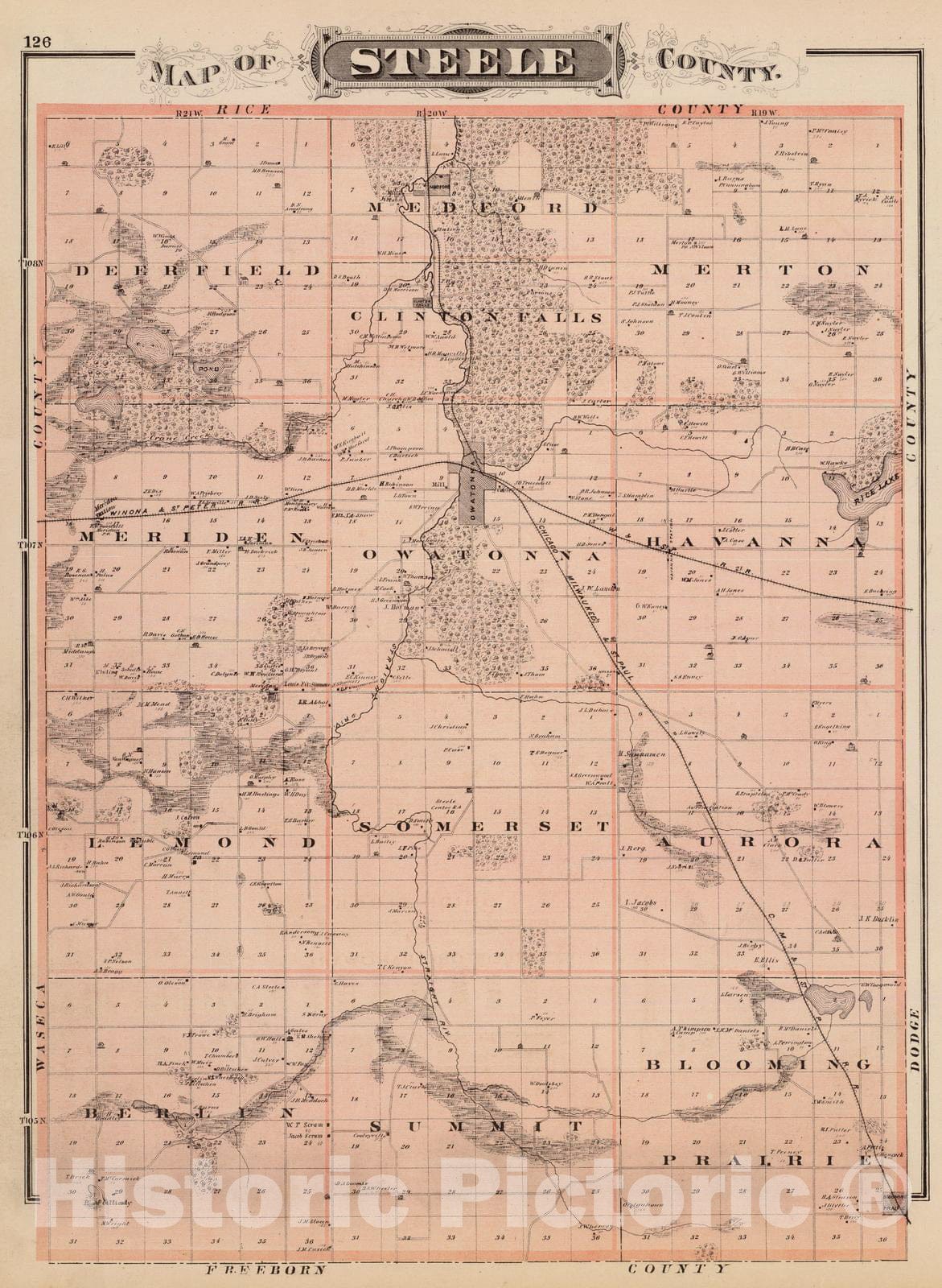 Historic Map : 1874 Map of Steele County. - Vintage Wall Art