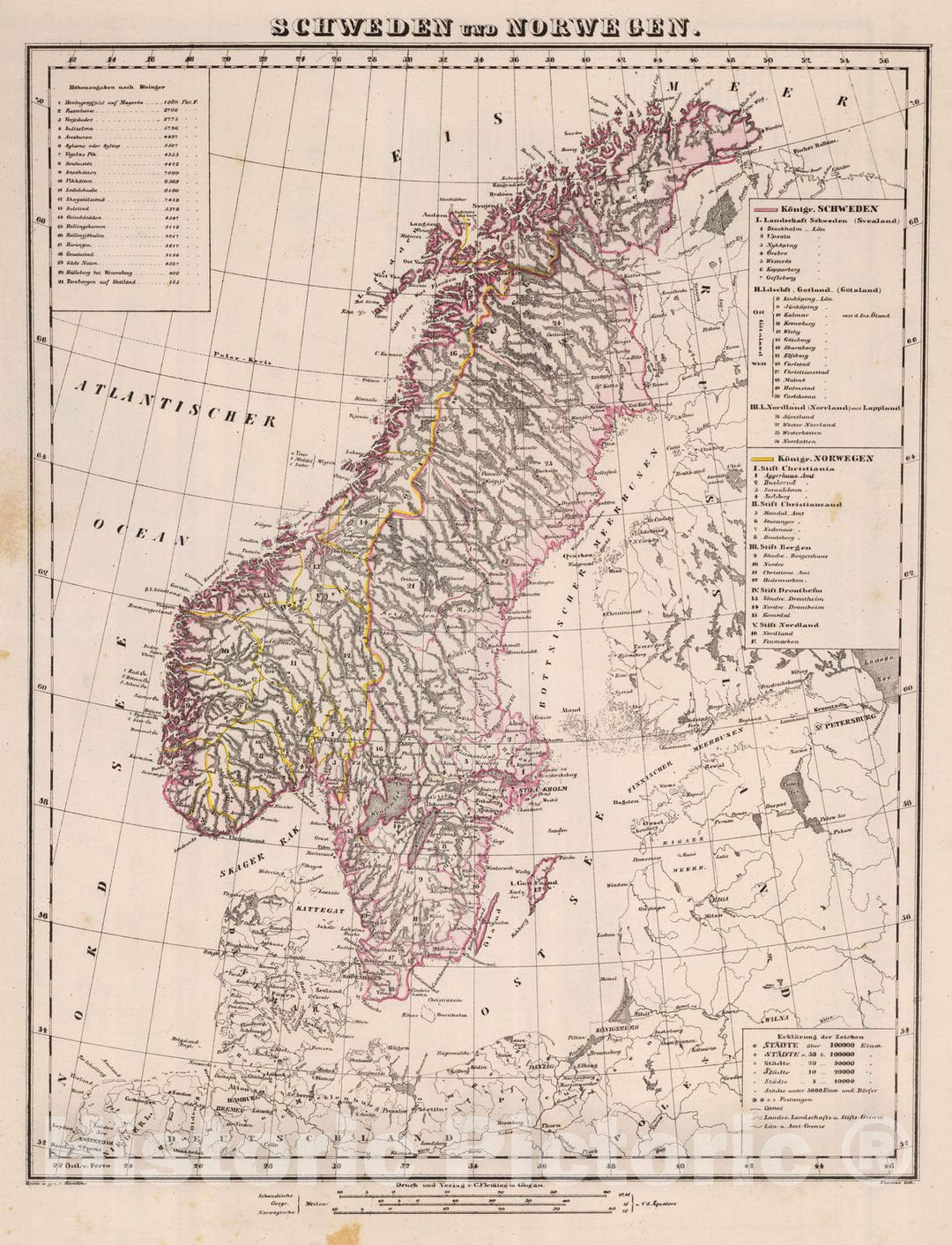 Historic Wall Map : Norway; Sweden, 1855 Schweden, Norwegen. , Vintage Wall Art