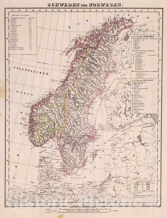 Historic Wall Map : Norway; Sweden, 1855 Schweden, Norwegen. , Vintage Wall Art