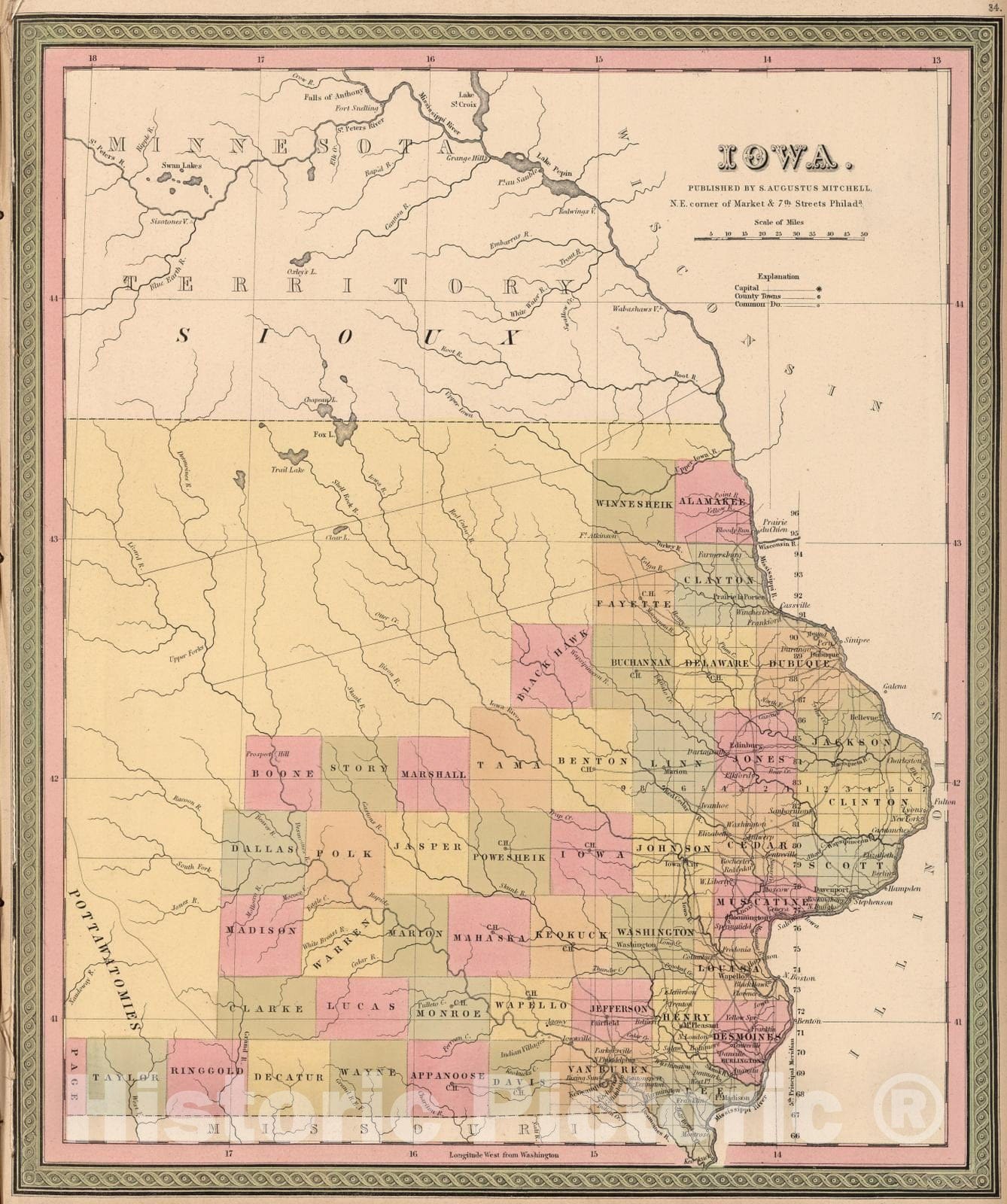 Historic Map : 1849 Map of Iowa - Vintage Wall Art