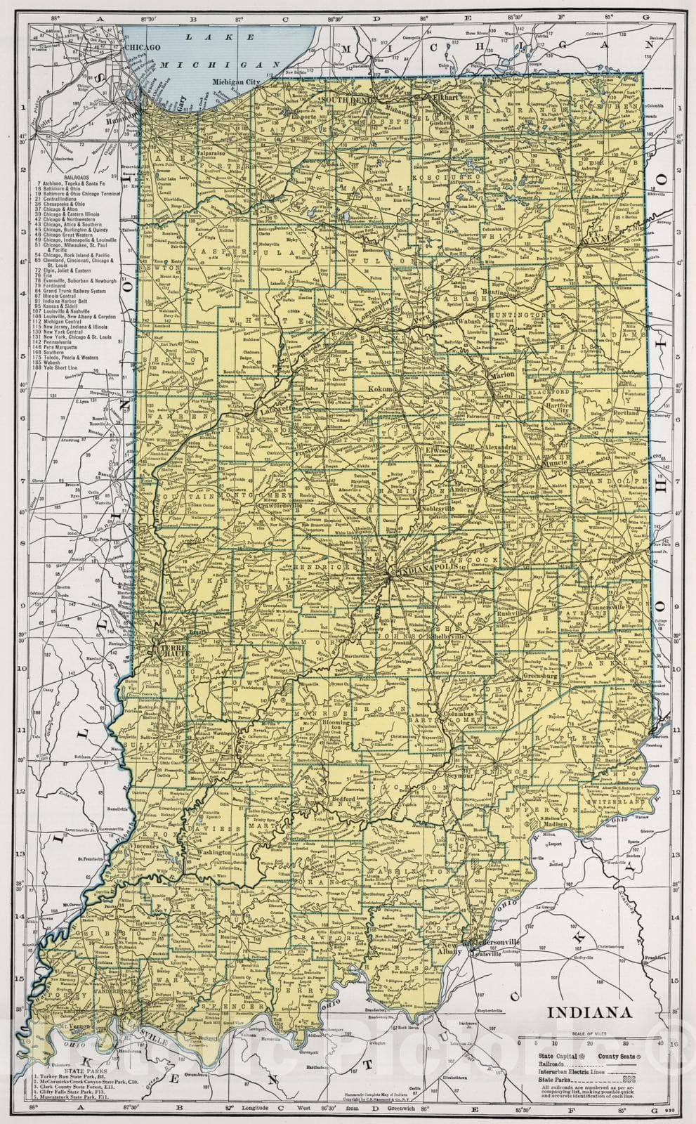 Indiana - Physical Map, 1948 - Hammond's New World Atlas Historical Map Print