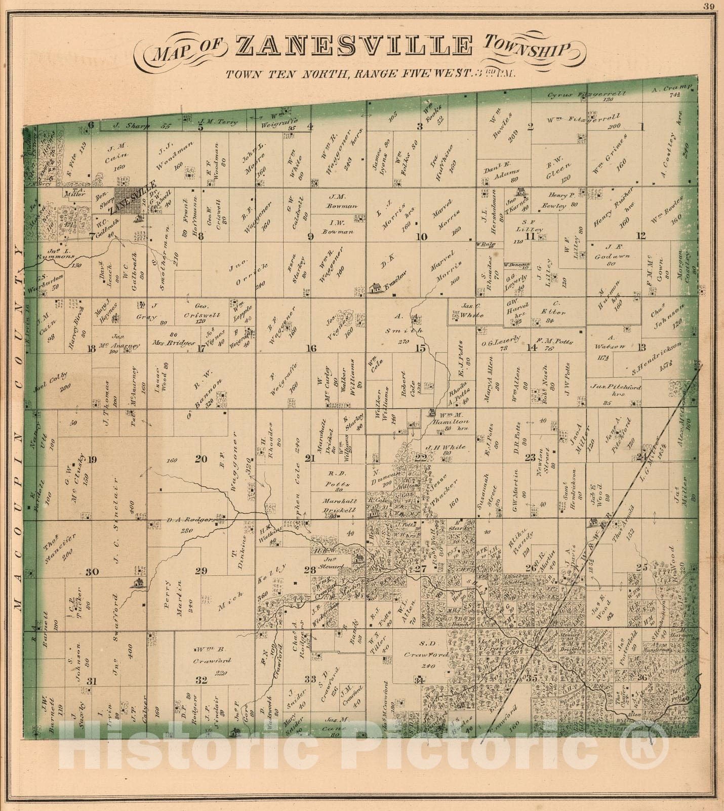 Historic Map : 1874 Zanesville Township, Montgomery County, Illinois. - Vintage Wall Art