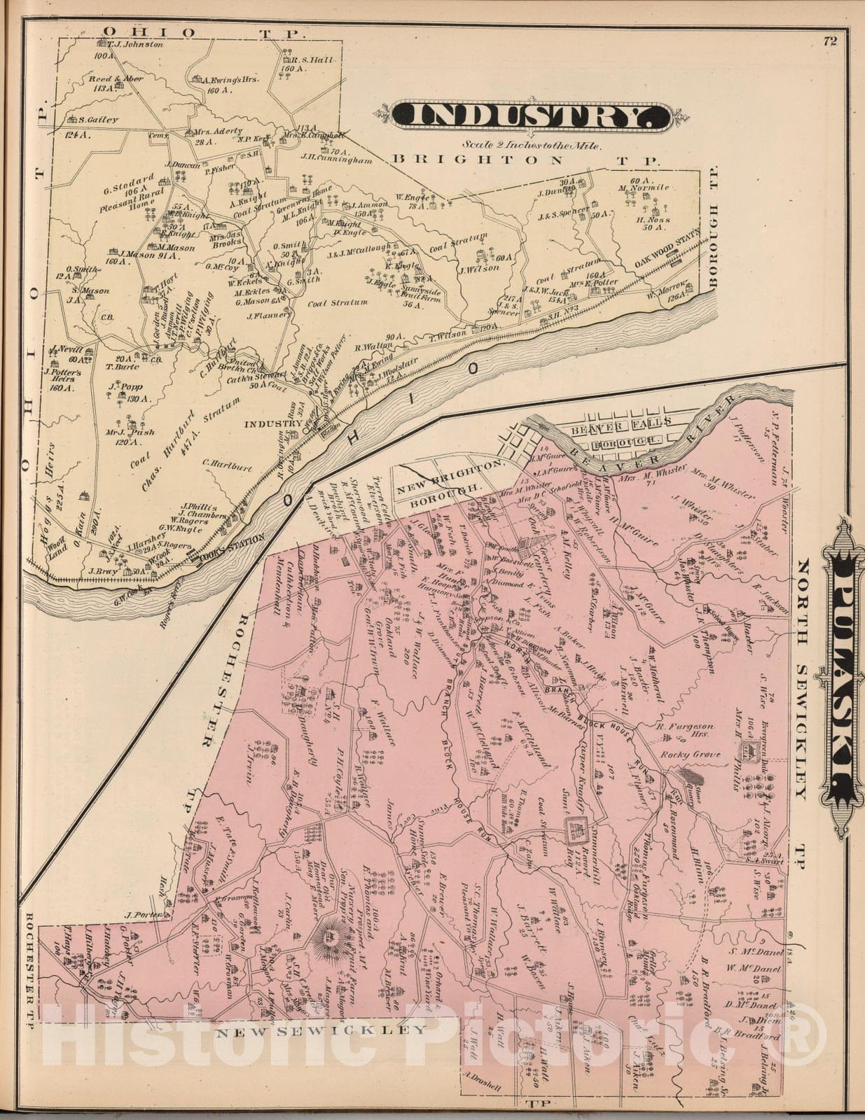 Historic Map : 1876 Industry Township, Pulaski Township, Beaver Co. PA. - Vintage Wall Art