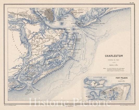 Historic Map : South Carolina, 1875 Planche XIV. Charleston (Carolina du Sud). Fort Pulaski. , Vintage Wall Art