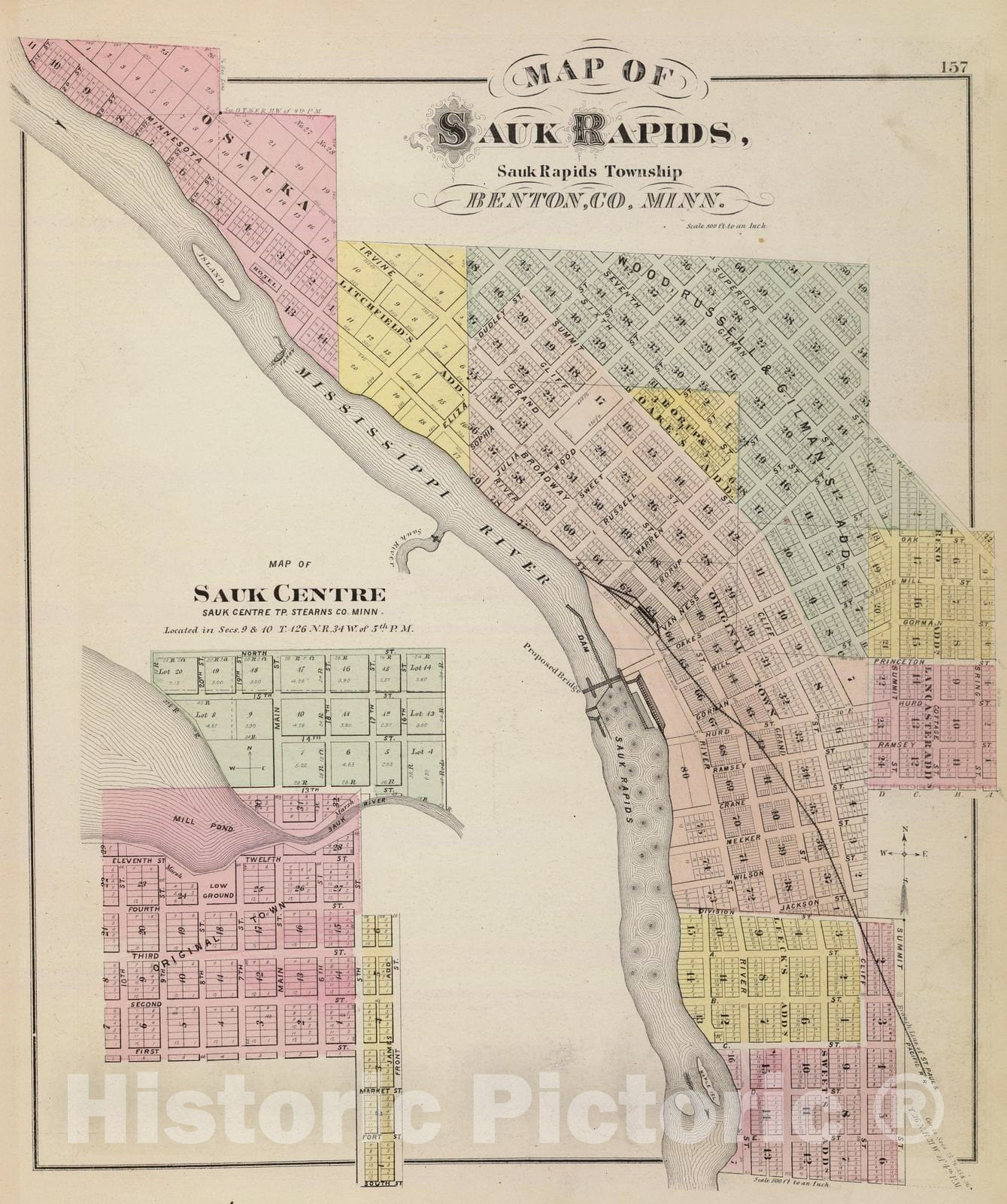 Historic Map : 1874 Map of Sauk Rapids, Map of Sauk Centre, Minn. - Vintage Wall Art