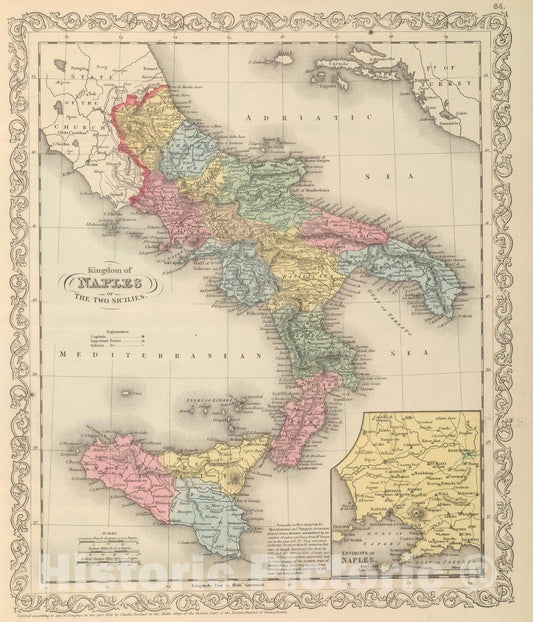Historic Wall Map : 1859 Kingdom of Naples or The Two Sicilies. - Vintage Wall Art