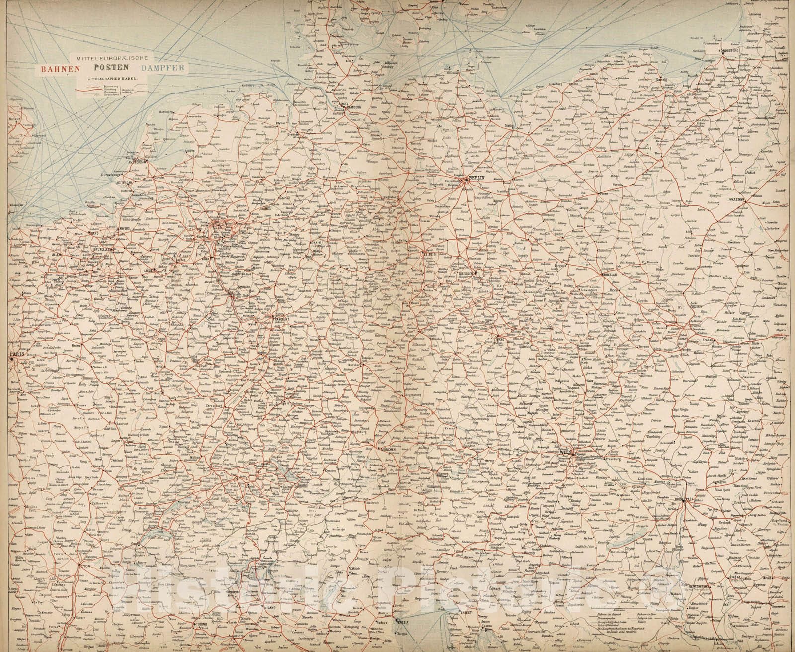 Historic Map : 1886 Central Europe. Routes. Post. Steamer. - Vintage Wall Art