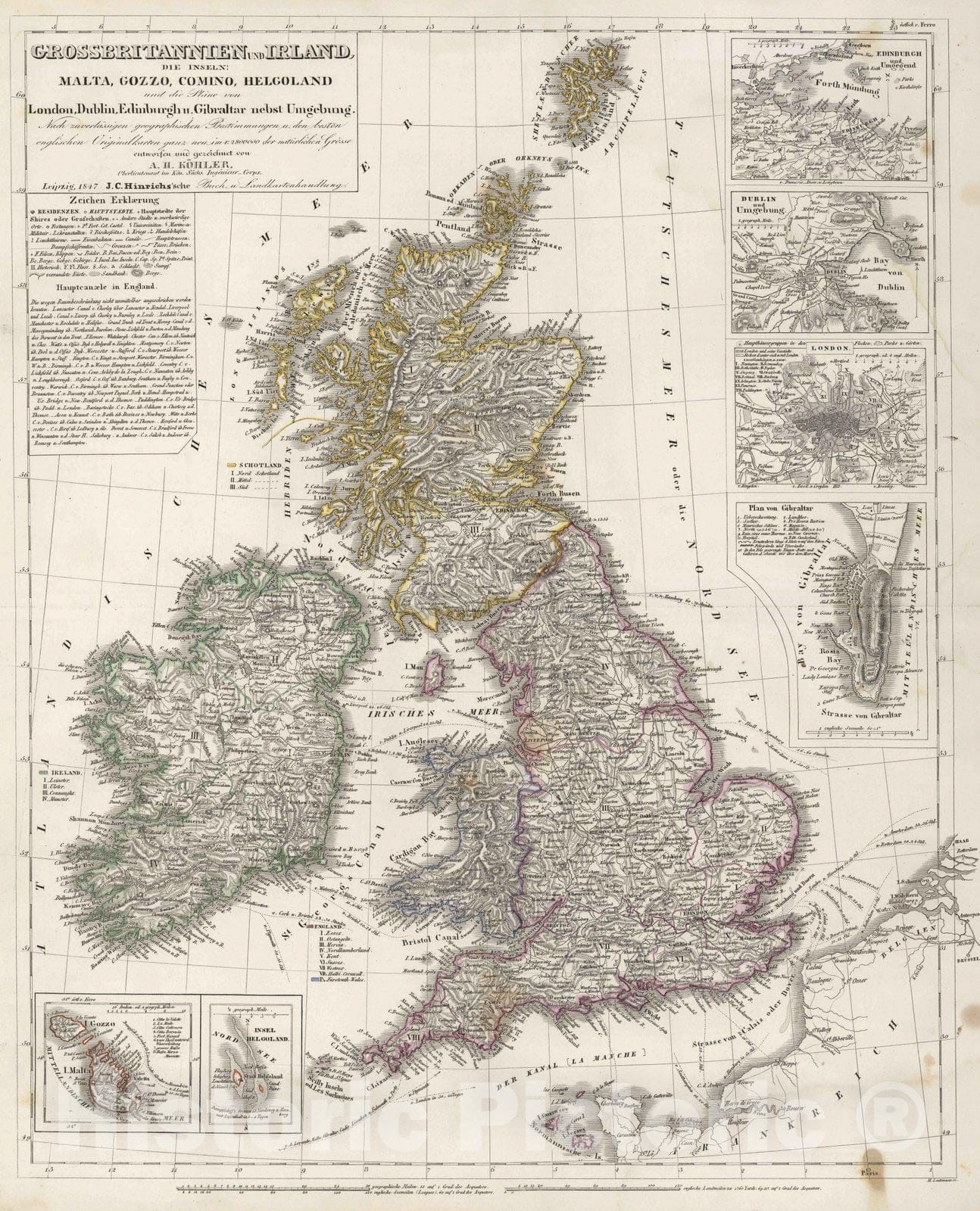 Historic Map : Great Britain, 1847 Grossbritannien und Irland , Vintage Wall Art