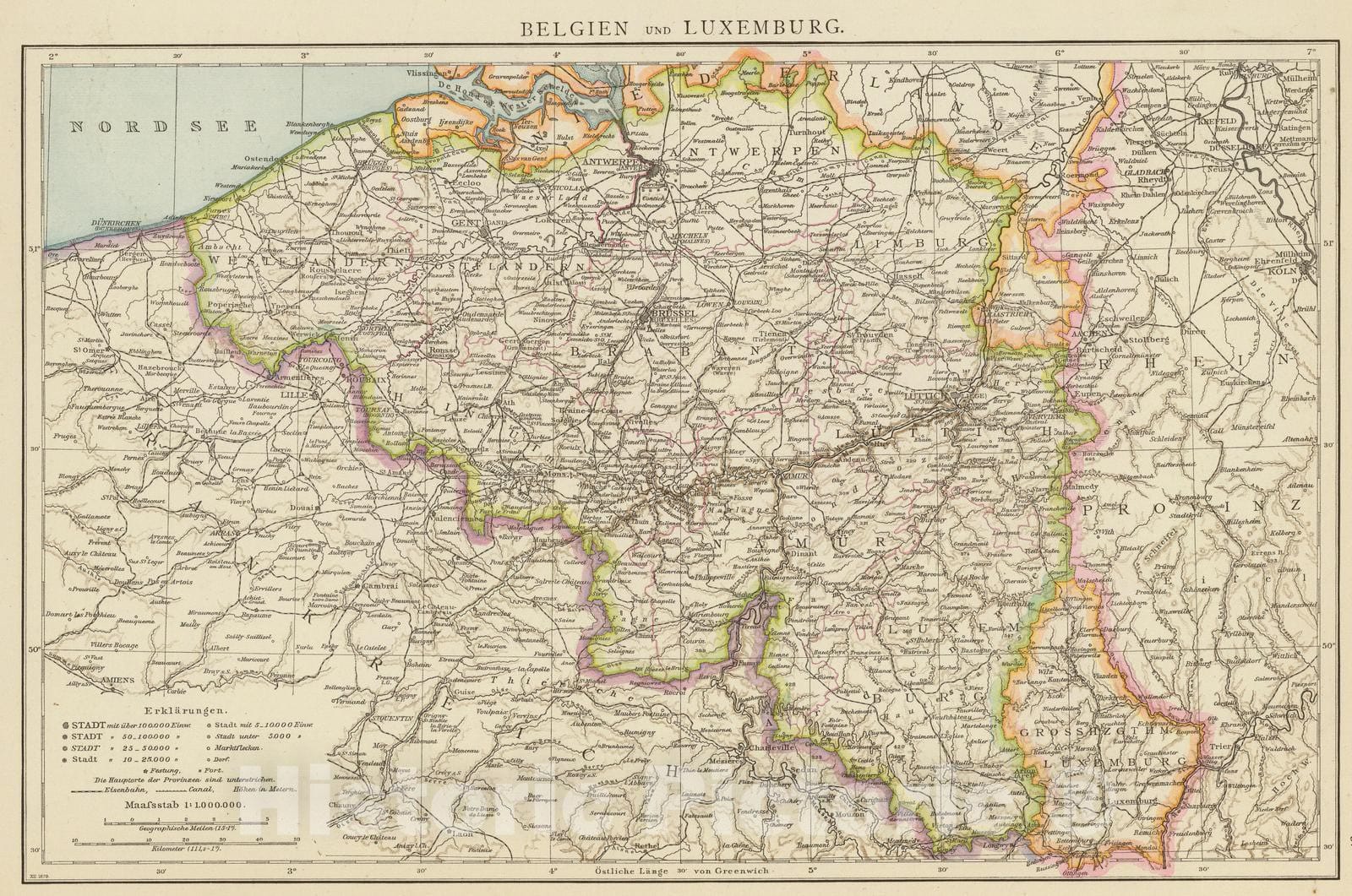Historic Map : Belgium; Luxembourg, 1881 Belgien, Luxemburg. , Vintage Wall Art