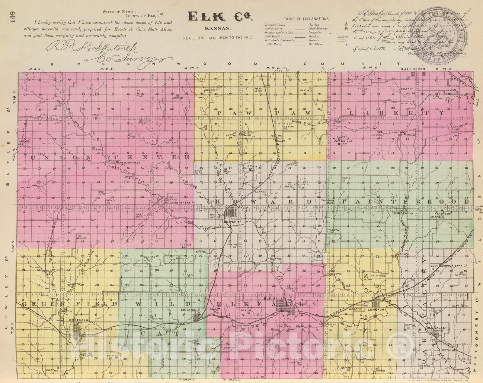 Historic Map : 1887 Elk Co, Kansas. - Vintage Wall Art