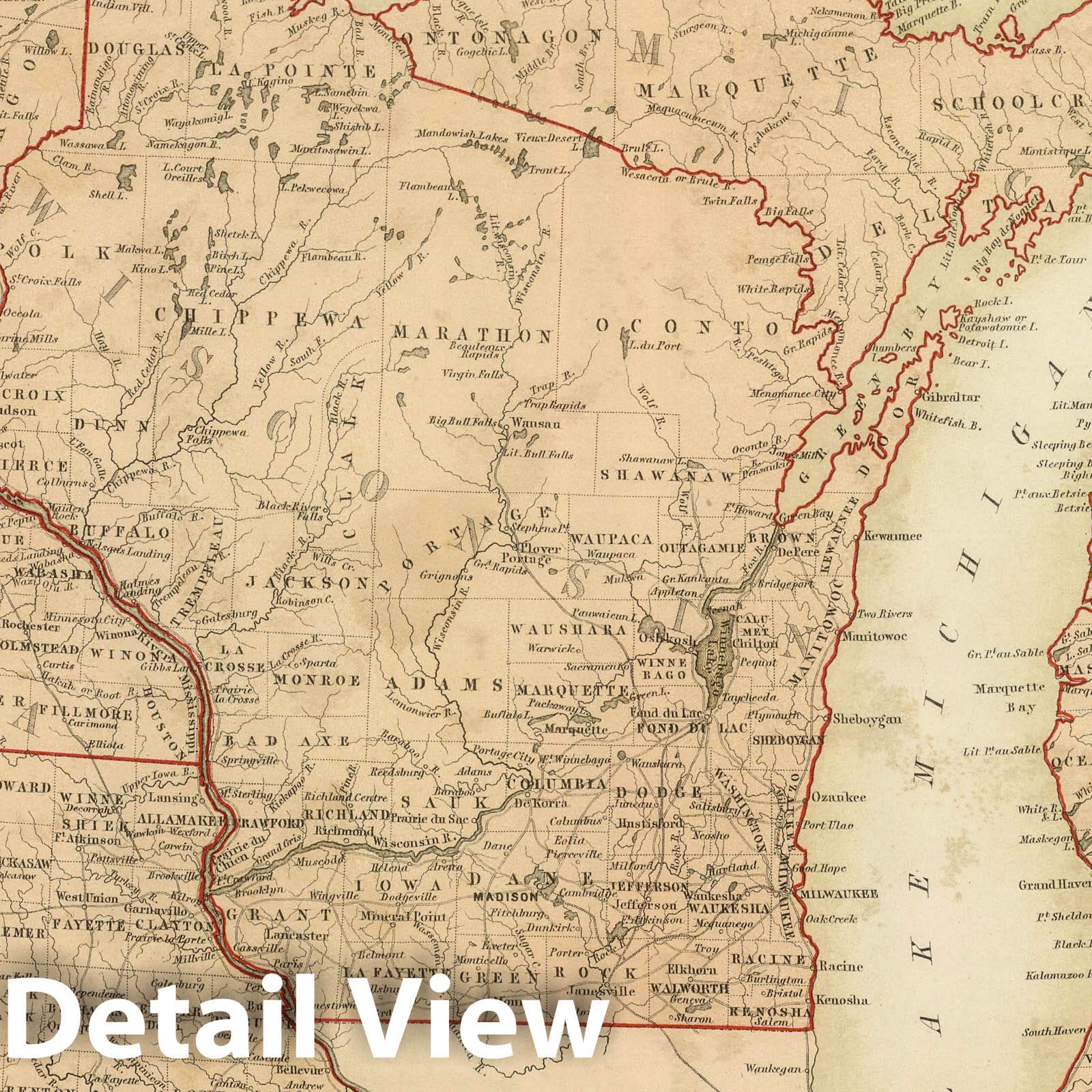 Michigan, Wisconsin, Iowa, and Minnesota 1856 Historical Map Print