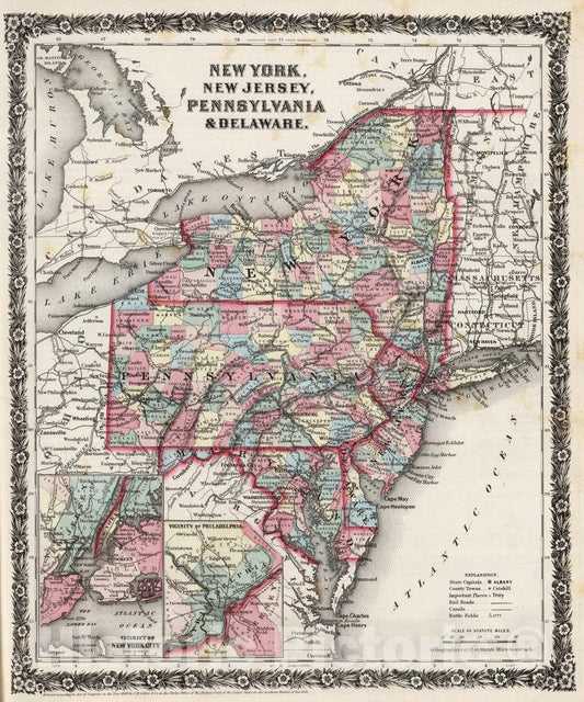 Historic Map : 1858 New York, New Jersey, Pennsylvania, and Delaware. - Vintage Wall Art