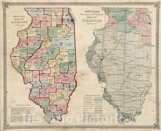 Historic Map : National Atlas - 1872 Political Map of Illinois. Worthen's Geological and Climate Map of Illinois. - Vintage Wall Art