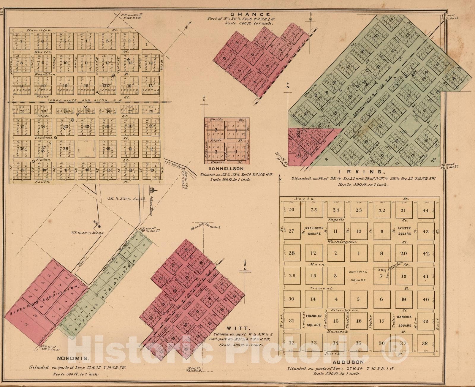Historic Map : 1874 Donnellson. Chance. Irving. Witt. Audubon. Nokomis, Montgomery County, Illinois. - Vintage Wall Art