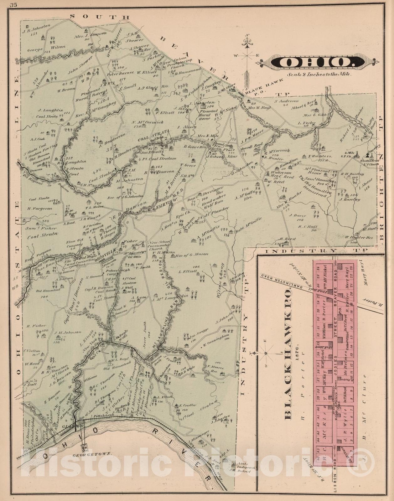 Historic Map : 1876 Ohio Township, Beaver County, PA. - Vintage Wall Art