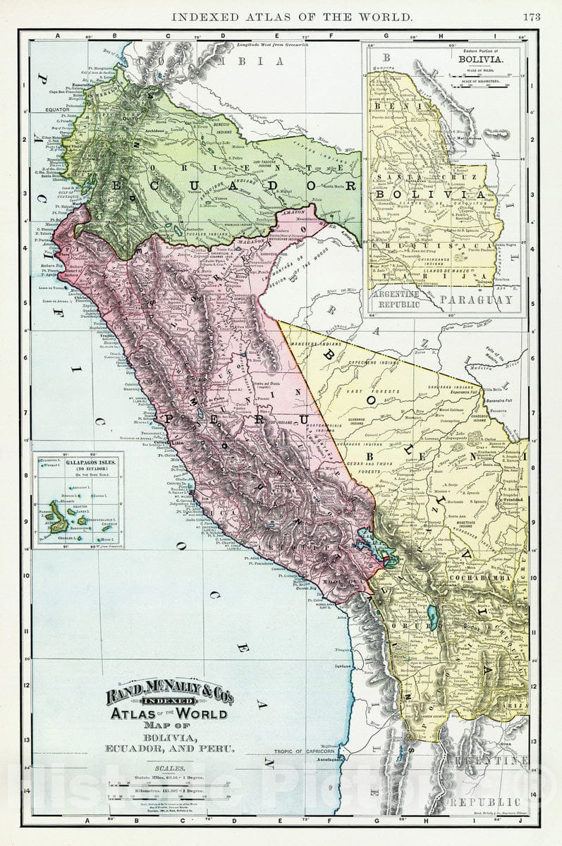 Historic Wall Map : Bolivia; Ecuador, 1897 Bolivia, Ecuador, Peru. , Vintage Wall Art