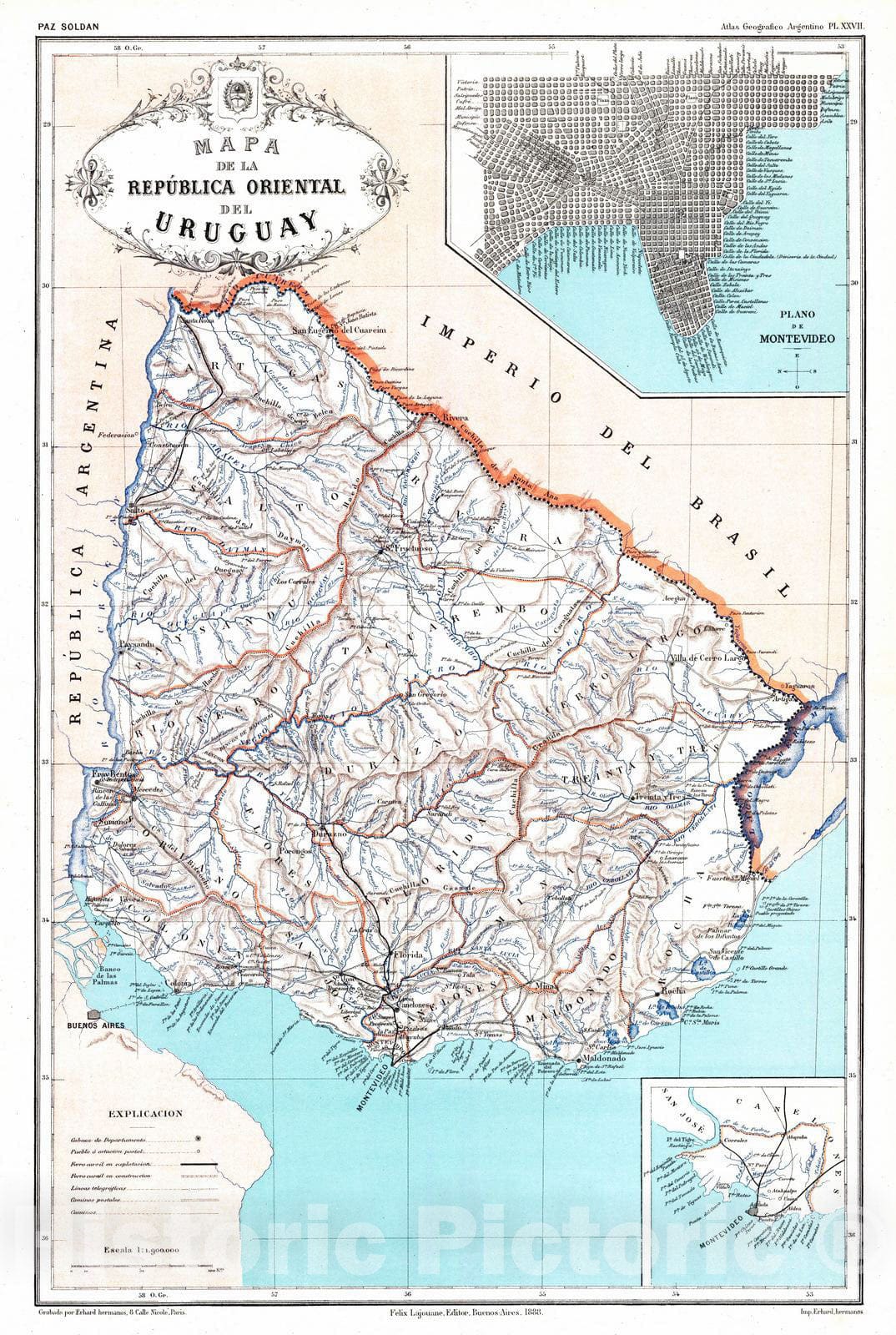 Uruguay and Montevideo - Railroad Map, 1888 - Historical Map Print
