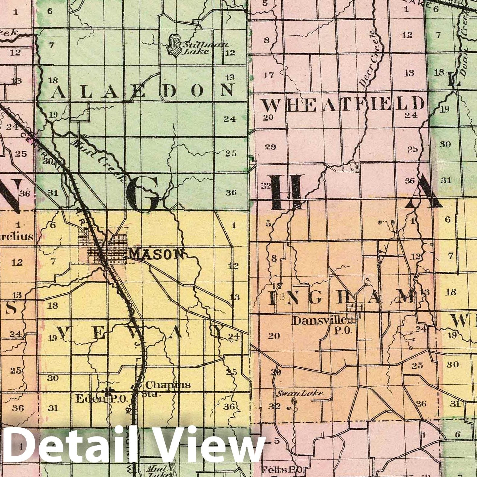Ingham County, Michigan - Railroad Map, 1873 - Historical Map Print