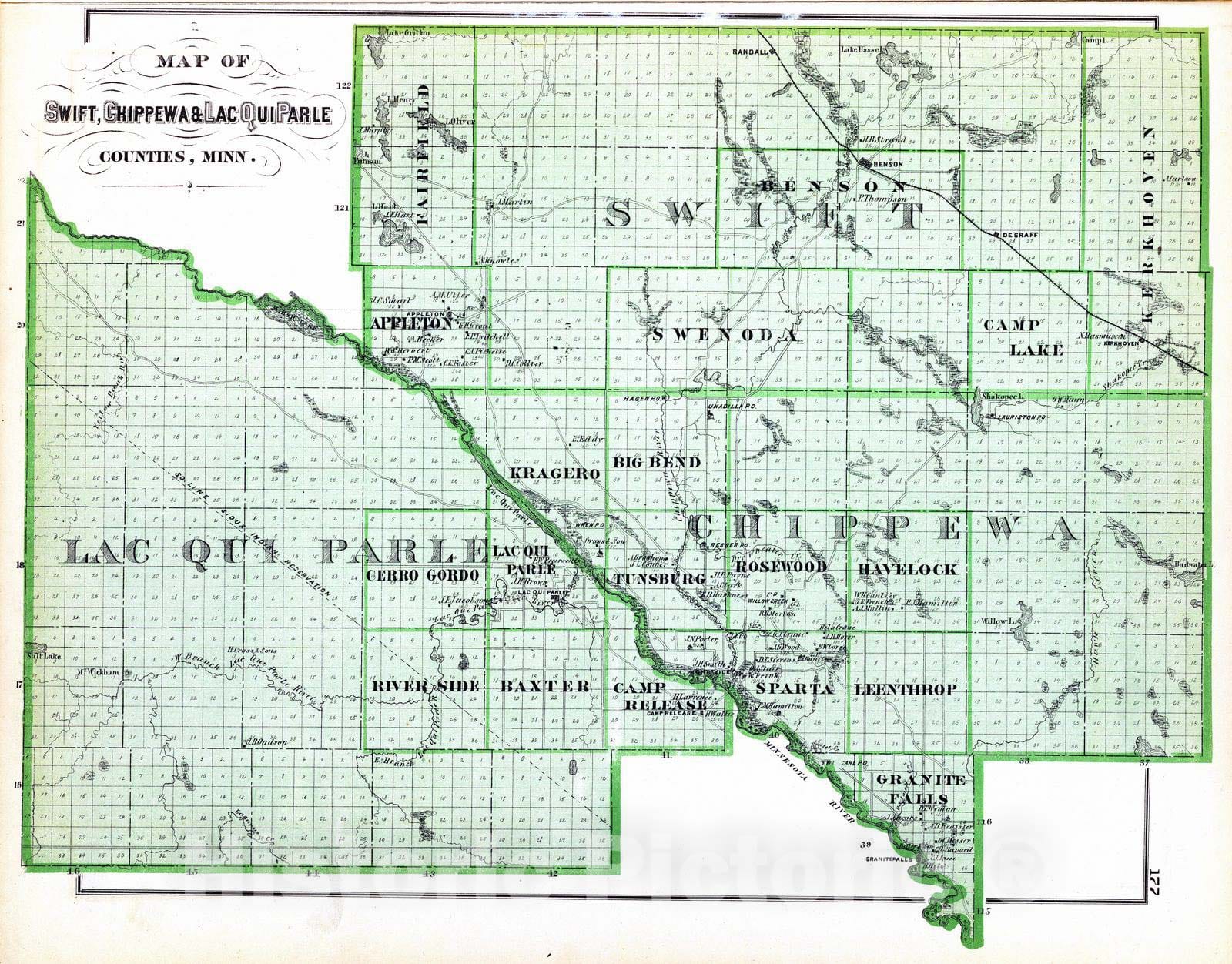 Swift, Chippewa and Lac Qui Parle Counties, Minnesota - Railroad Map, 1874