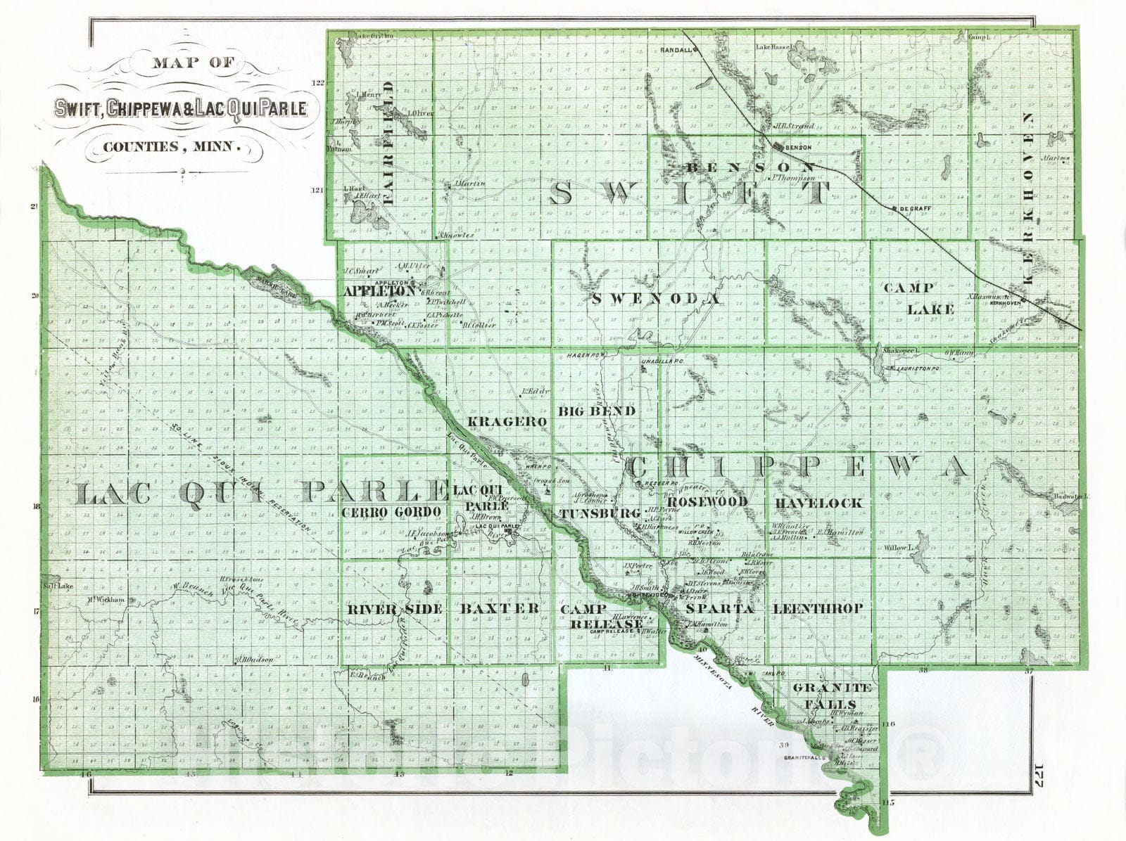 Historic Map : 1874 Map of Swift, Chippewa & Lac Qui Parle counties, Minn. - Vintage Wall Art