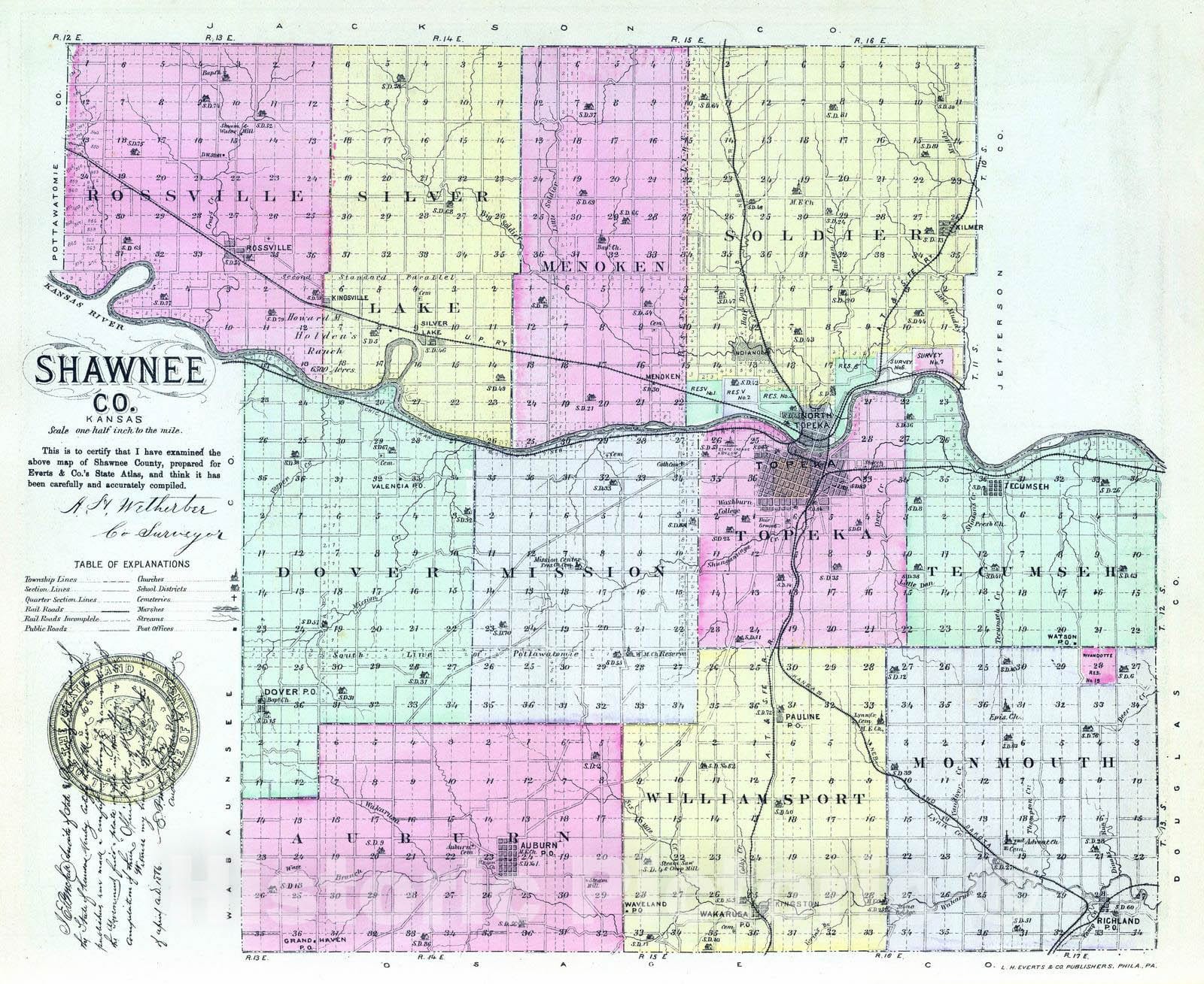 Historic Map : 1887 Shawnee Co, Kansas. - Vintage Wall Art