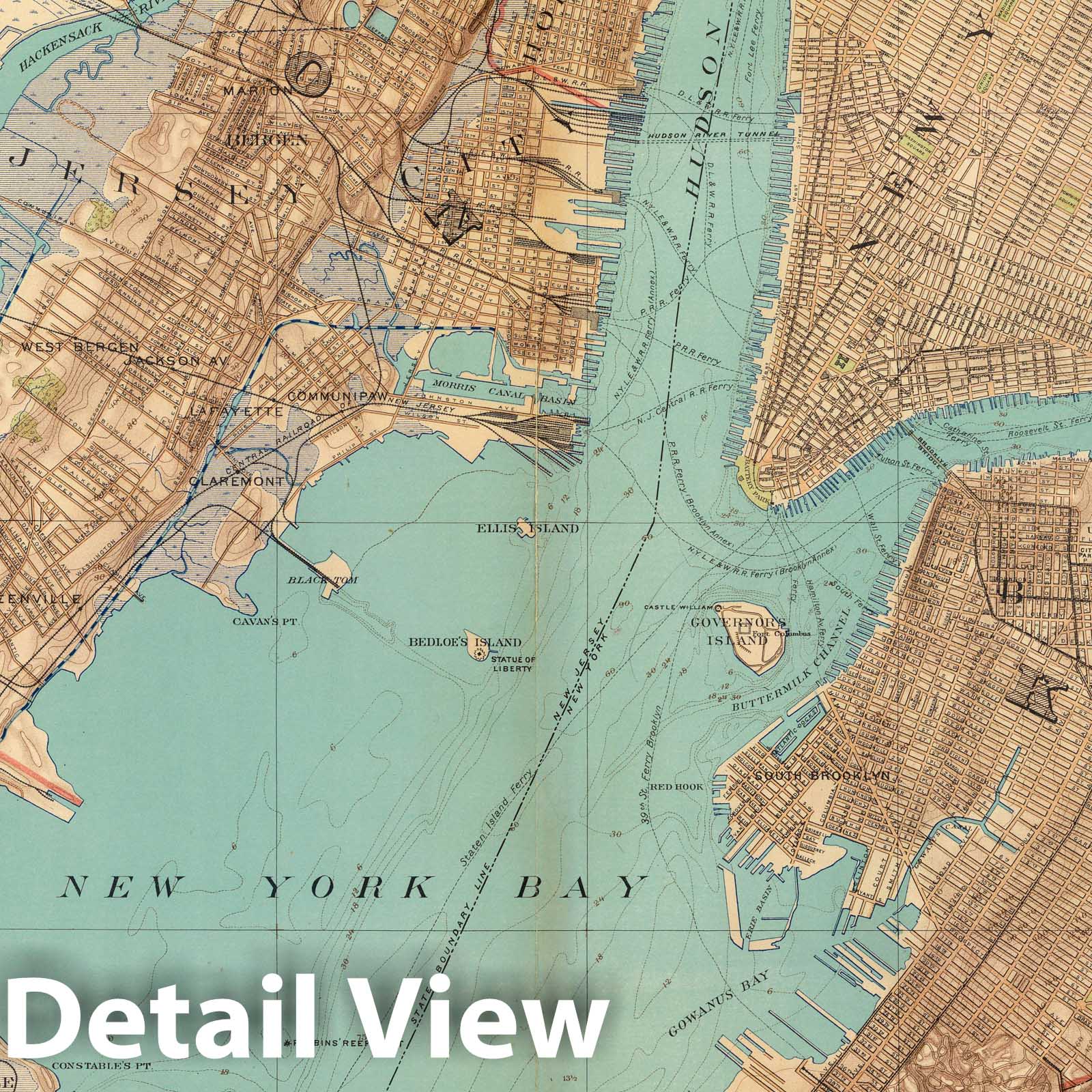 Brooklyn, New York Bay, Jersey City, Hoboken, Bayonne, and Newark Bay - Nautical Chart, 1891
