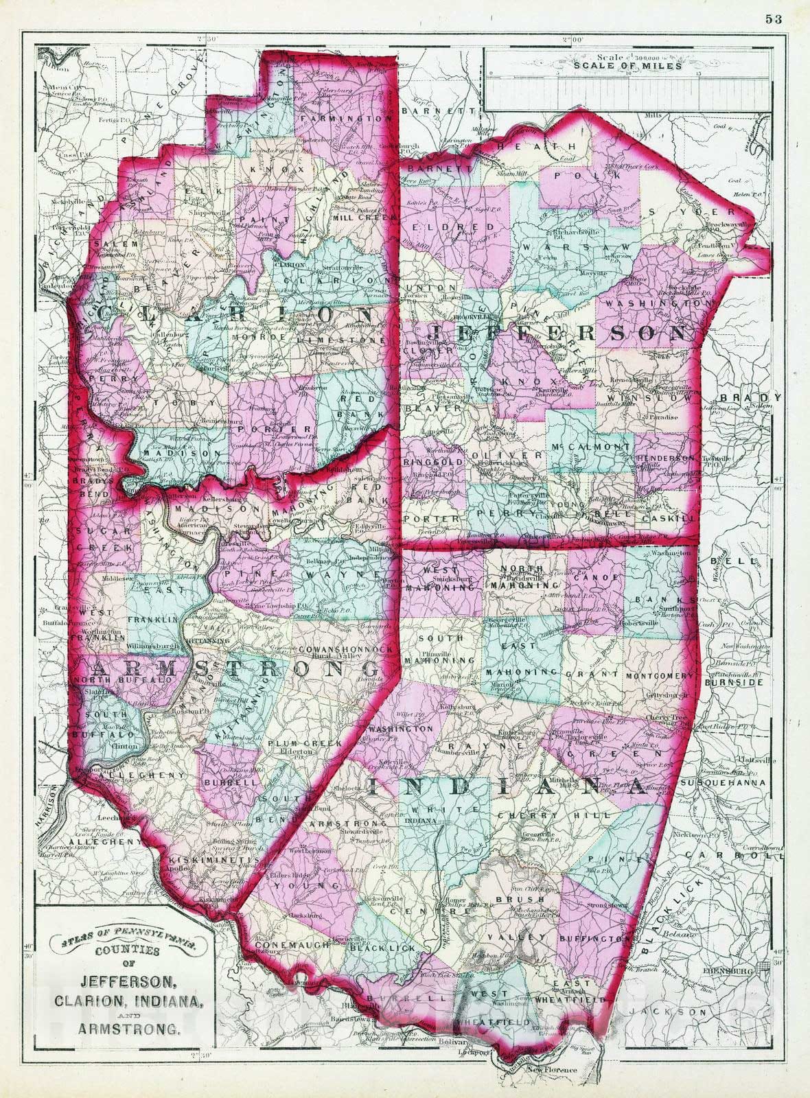 Jefferson, Clarion, Indiana, and Armstrong Counties, Pennsylvania - Railroad Map, 1872