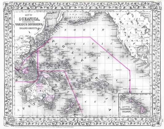 Historic Map : 1880 Oceanica, Sandwich Islands. - Vintage Wall Art