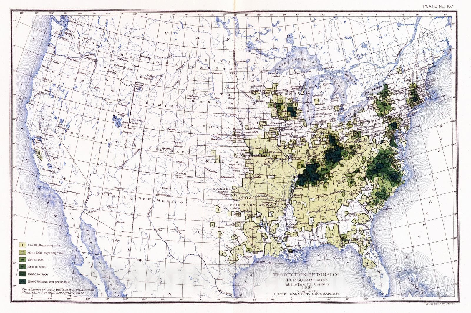 Historic Map : Statistical Atlas - 1903 167. Tobacco/sq. mile. - Vintage Wall Art