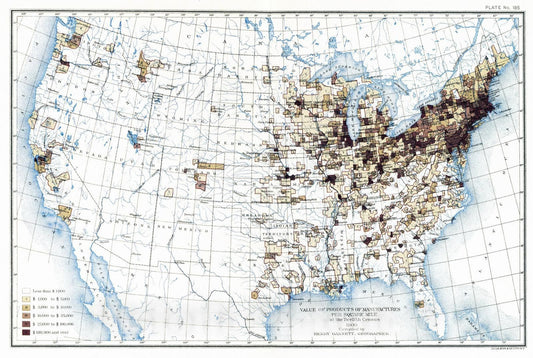 Historic Map : Statistical Atlas - 1903 185. Value products/sq. mile. - Vintage Wall Art