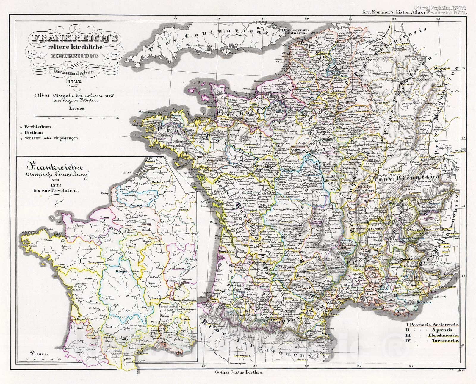 Historic Map : France, 1854 Frankreich's aeltere kirchliche Eintheilung bus zum Jahre 1322. , Vintage Wall Art