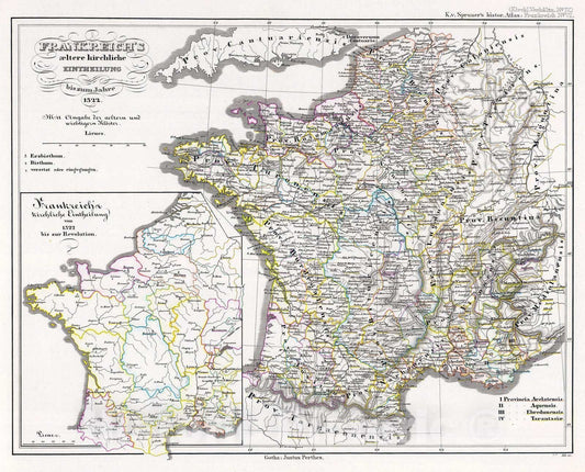 Historic Map : France, 1854 Frankreich's aeltere kirchliche Eintheilung bus zum Jahre 1322. , Vintage Wall Art
