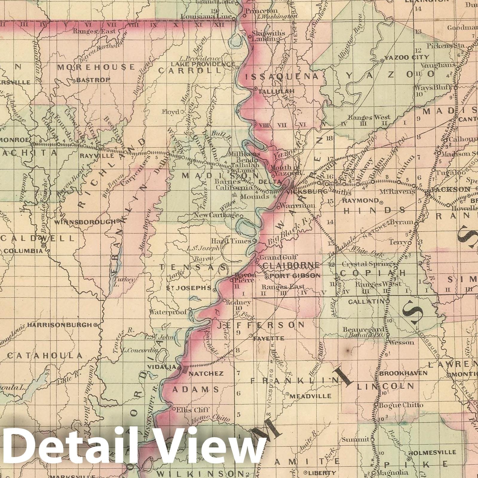 Louisiana and Mississippi - Railroad Map, 1875 - Asher & Adams Historical Print