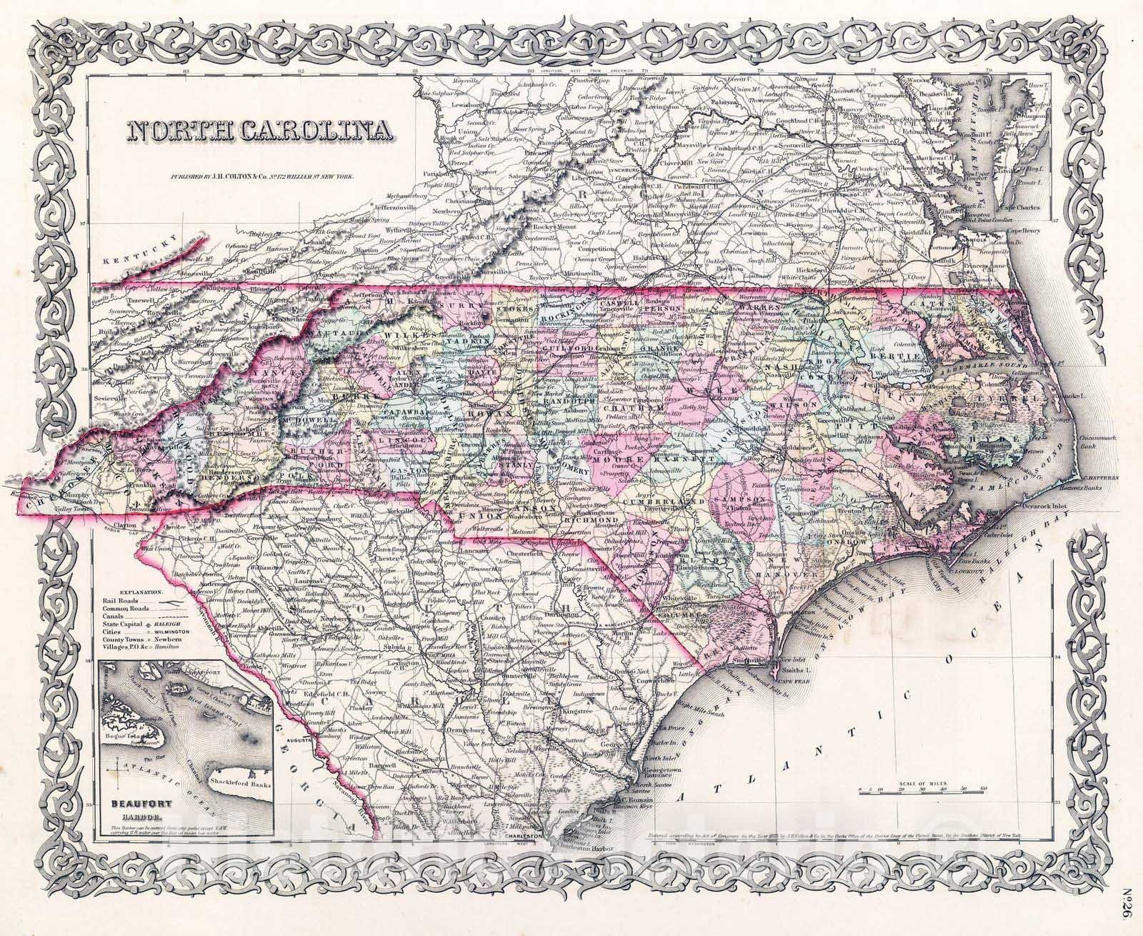 Historic Map : National Atlas - 1857 North Carolina. - Vintage Wall Art
