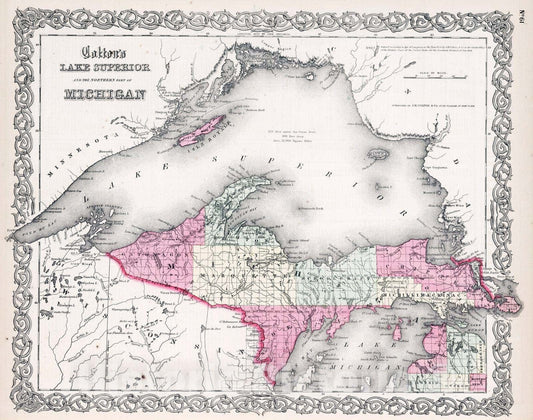 Historic Wall Map : 1865 Northern Michigan and Lake Superior. - Vintage Wall Art