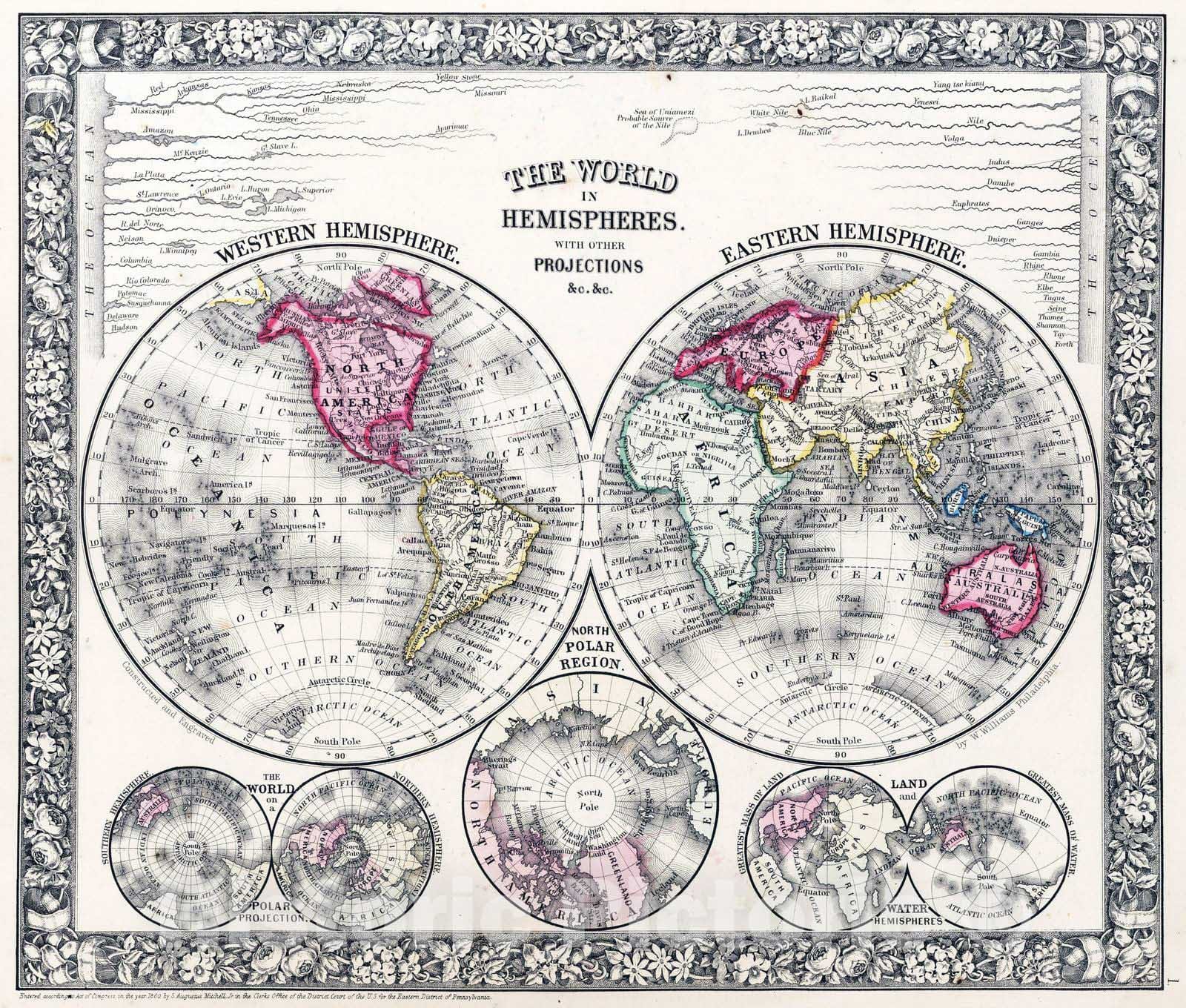 Historic Map : 1865 The World in Hemispheres. With others Projections &c.&c. - Vintage Wall Art