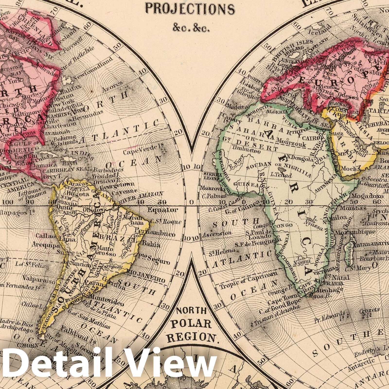 Historic Map : 1865 The World in Hemispheres. With others Projections &c.&c. - Vintage Wall Art