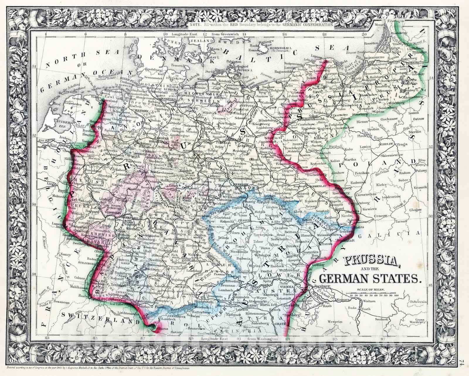 Historic Map : 1865 Prussia and the German States : Vintage Wall Art