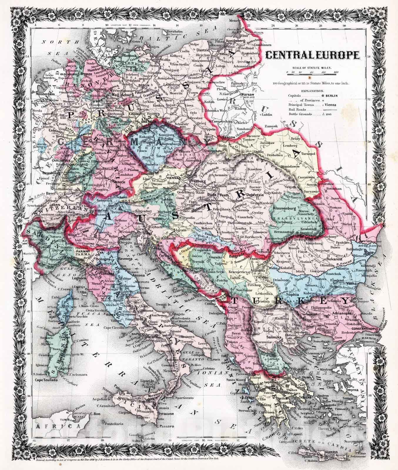 Historic Map : 1858 Central Europe. - Vintage Wall Art