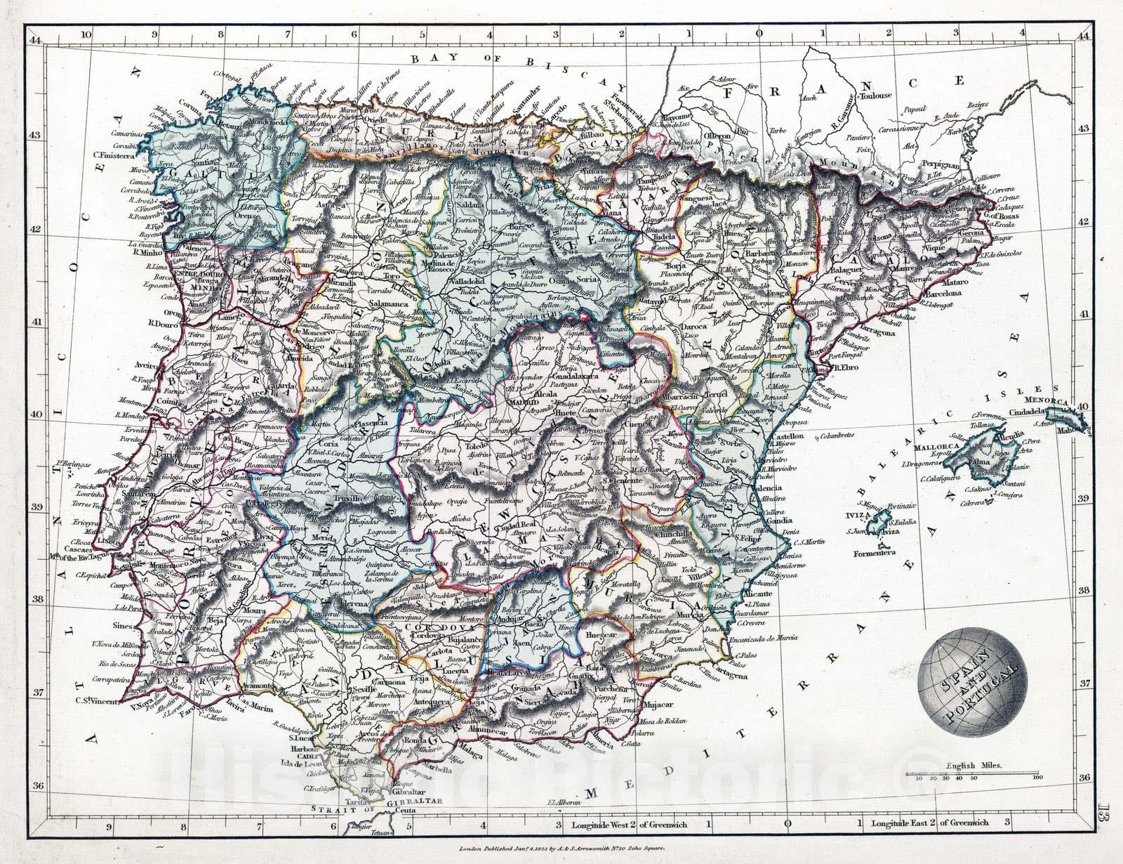 Historic Wall Map : 1825 Spain and Portugal - Vintage Wall Art
