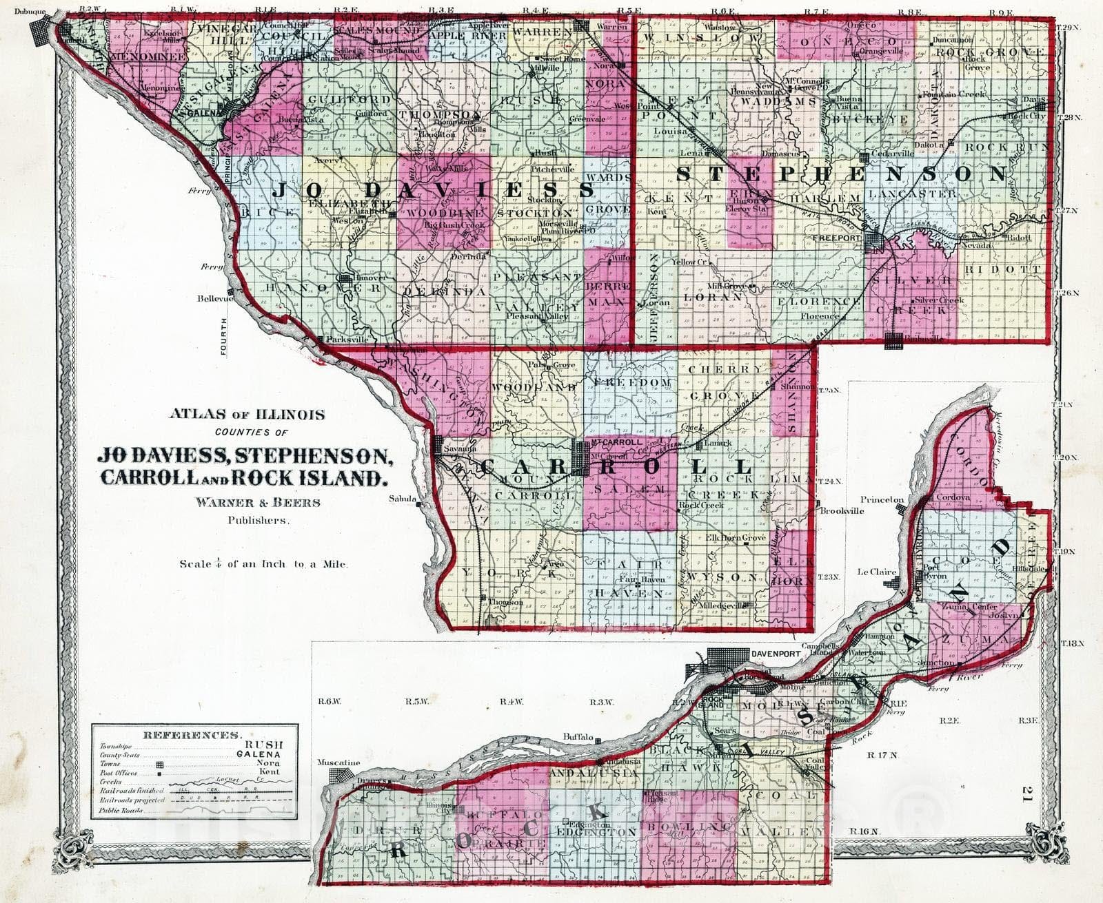 Historic Map : National Atlas - 1872 Atlas of Illinois, Counties of Jo Daviess, Stephenson, Carroll and Rock Island. - Vintage Wall Art