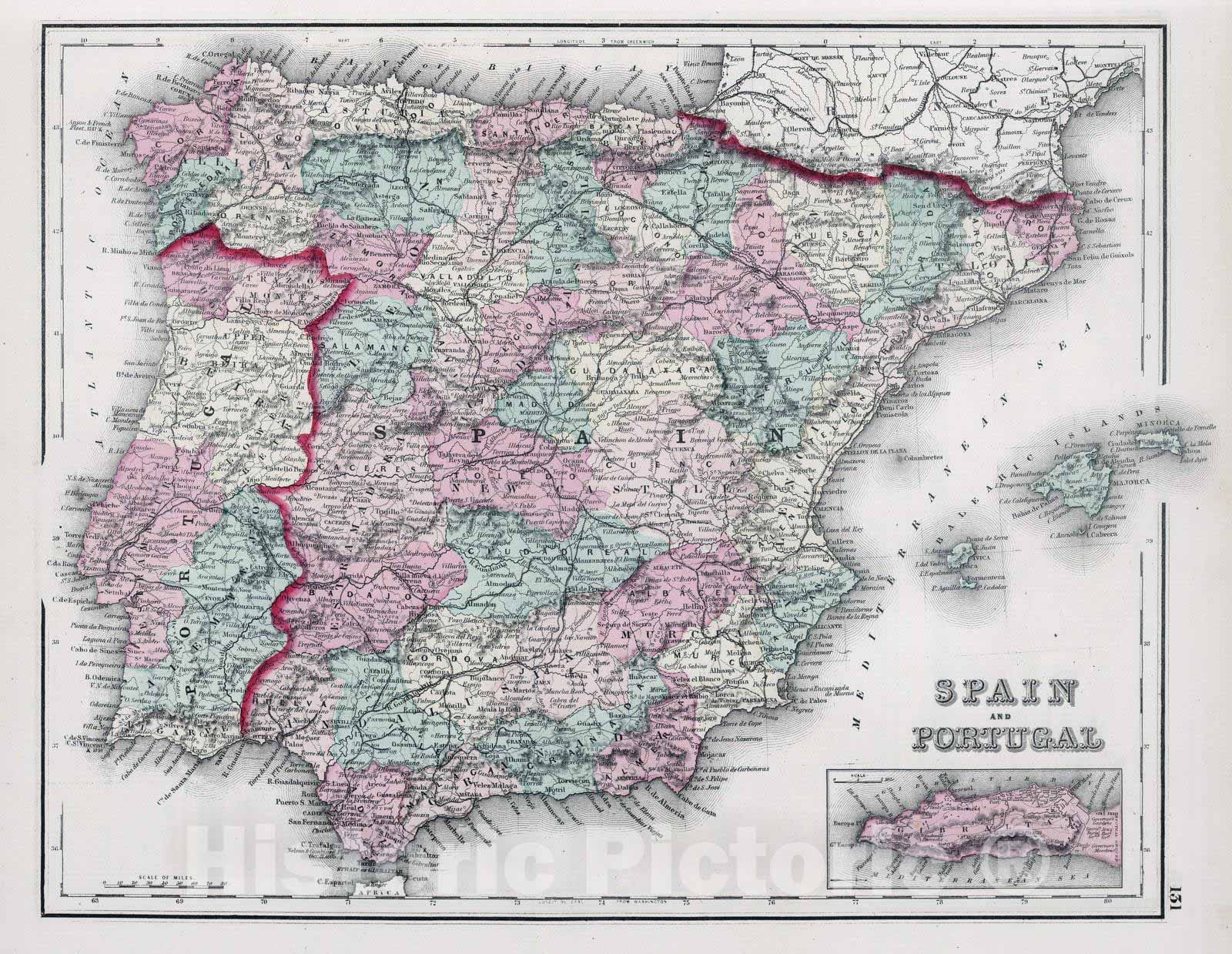 Historic Map : 1878 Spain and Portugal. - Vintage Wall Art