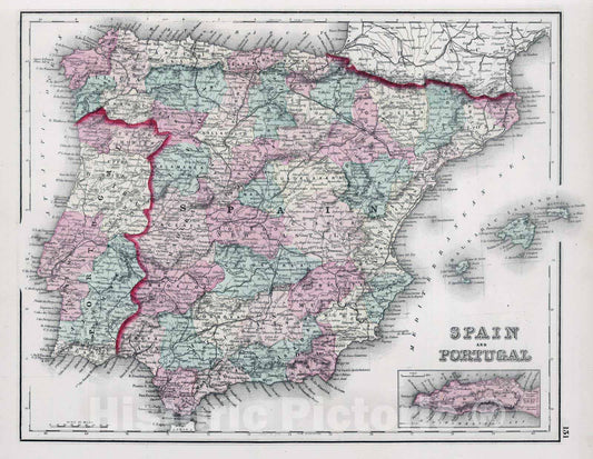 Historic Map : 1878 Spain and Portugal. - Vintage Wall Art
