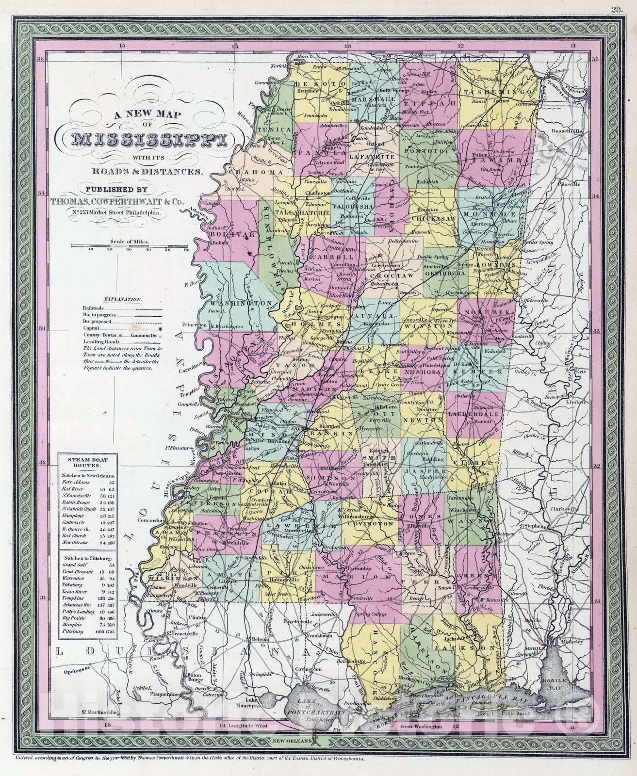 Historic Map : 1855 A new map of Mississippi - Vintage Wall Art