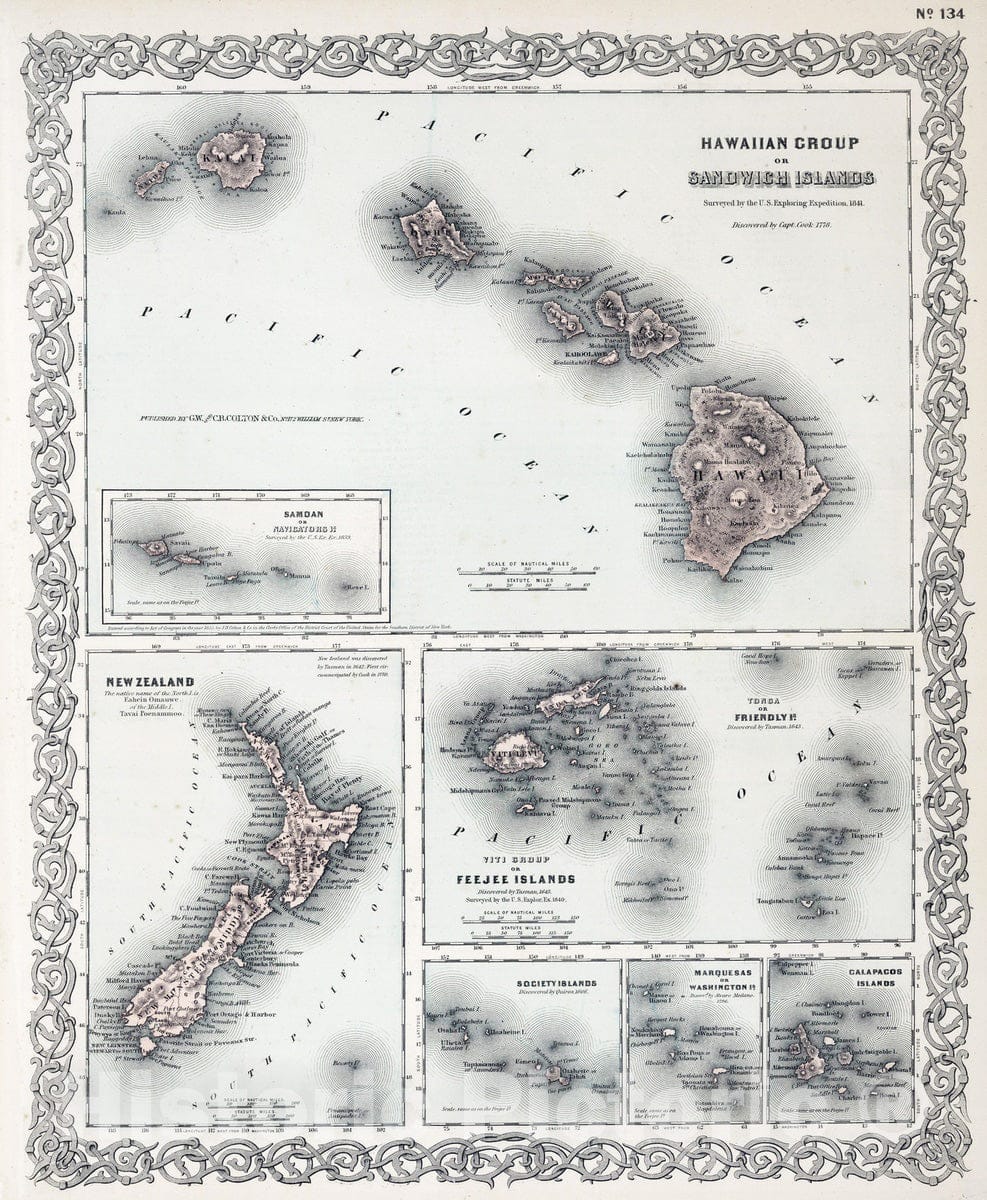 Hawaii, New Zealand, Fiji, Tonga, Samoa, Marquesas, Galapagos Islands 1874 Map